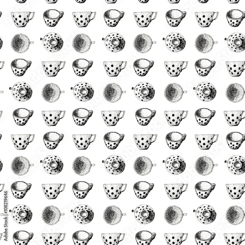 Seamless pattern background with sketch of cups on white