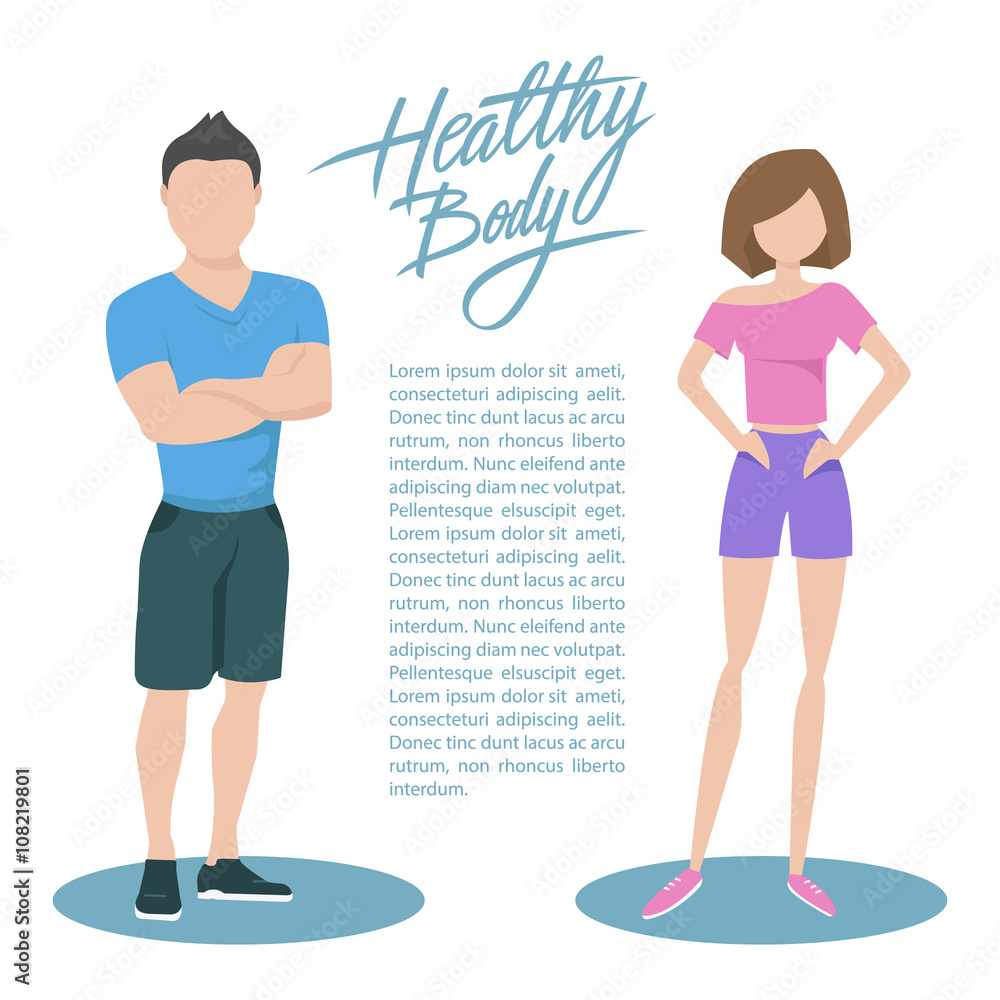 Fitness couple with handwritten inscription Healthy body. Healthy lifestyle concept. Flat style vector illustration. Fitness couple with handwritten inscription Healthy body. Healthy lifestyle concept. Flat style vector illustration.