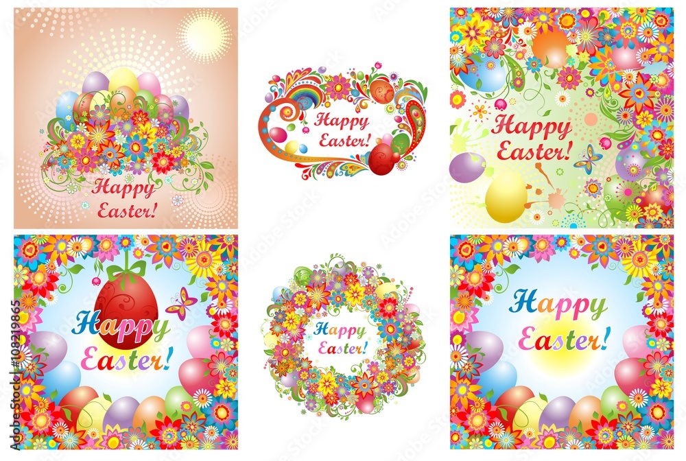 Fototapeta premium Set of Easter cards with colorful flowers and painted eggs