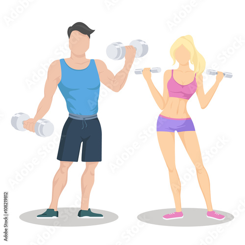 Fitness young sporty couple with dumbbells. Fit couple. Workout partners. Flat vector illustration.