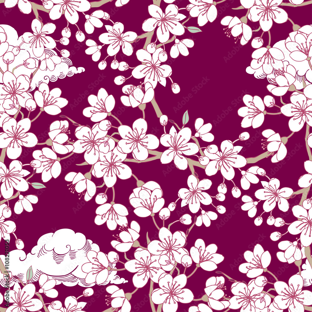 Seamless pattern  with sakura and clouds