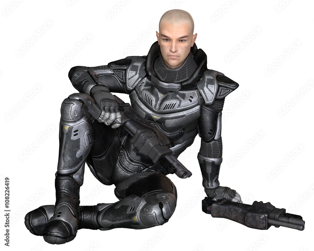 Science fiction illustration of a male future soldier in protective armoured space suit, sitting holding pistols, 3d digitally rendered illustration Science fiction illustration of a male future soldier in protective armoured space suit, sitting holding pistols, 3d digitally rendered illustration