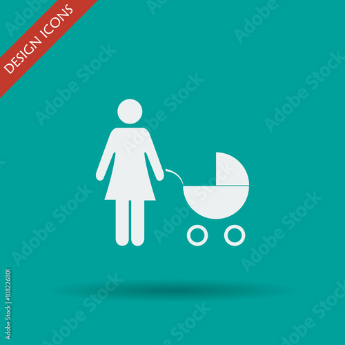 Woman with pram pictogram flat icon