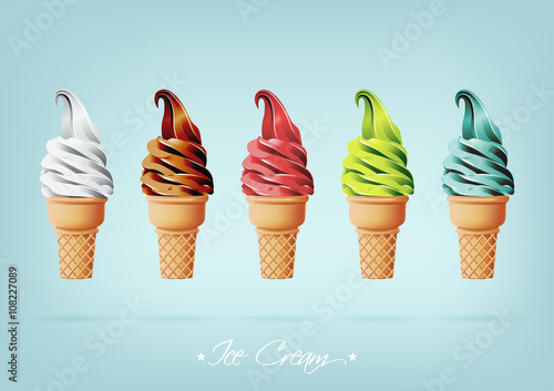 Colorful Ice cream in the cone, Different flavors, Vector