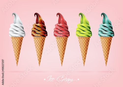 Colorful Ice cream in the cone, Different flavors, Vector