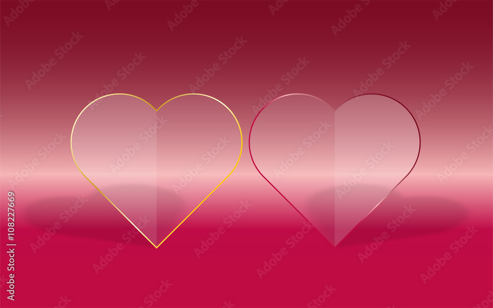 Two transparent hearts with glass fill and red or gold frame on pink gradient background with dropped shadow Two transparent hearts with glass fill and red or gold frame on pink gradient background with dropped shadow