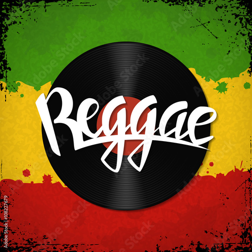 Reggae lettering. Vector vinyl disc and reggae hand drawn lettering label on rastafarian background photo