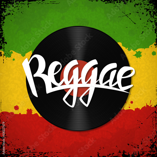 Reggae lettering. Vector vinyl disc and reggae hand drawn lettering label on rastafarian background