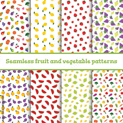 8 seamless cute patterns with fruits and vegetables. Vector illustration.