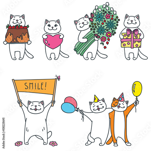 Set of funny cats with gifts, flowers, balloons etc isolated on white. Doodle vector illustration. Can be used for greeting cards, invitations, t-short prints or stickers.