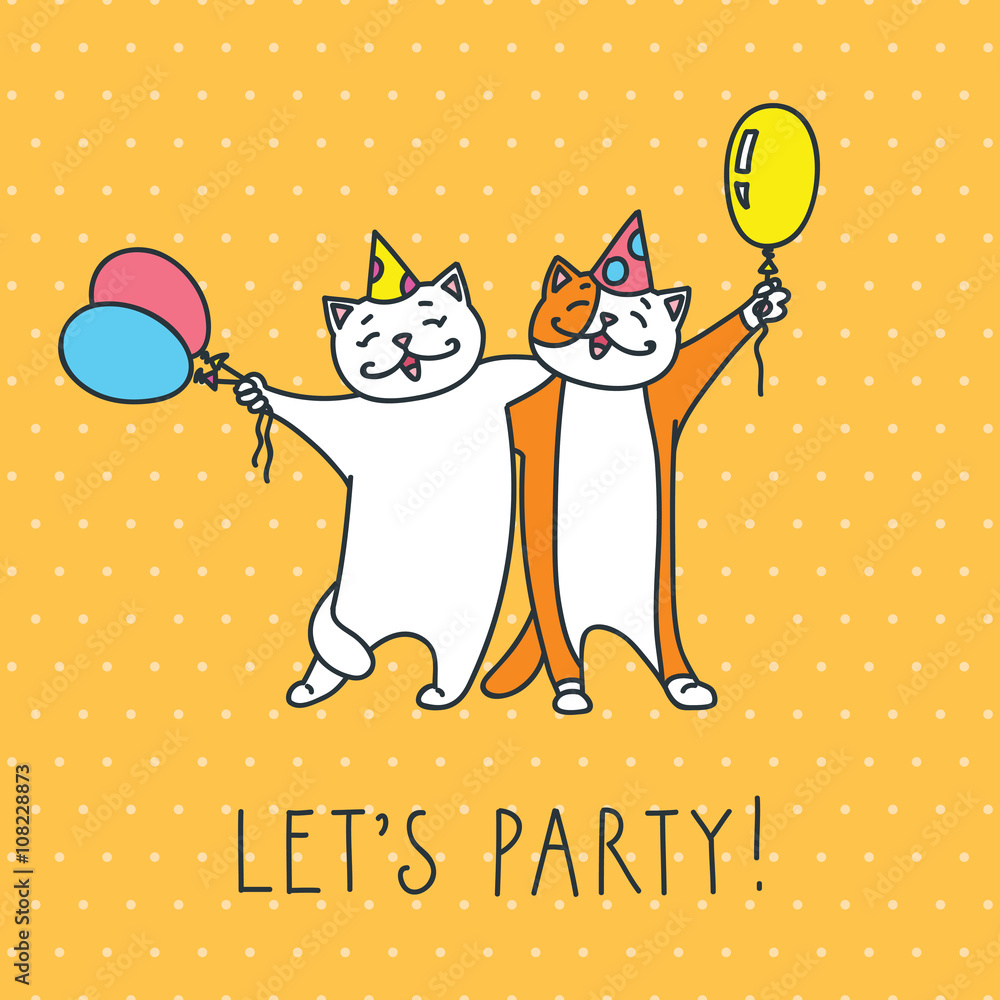 Let's party! Funny white cats with party hats and colorful balloons. Doodle  vector illustration for poster or invitation. Stock Vector | Adobe Stock