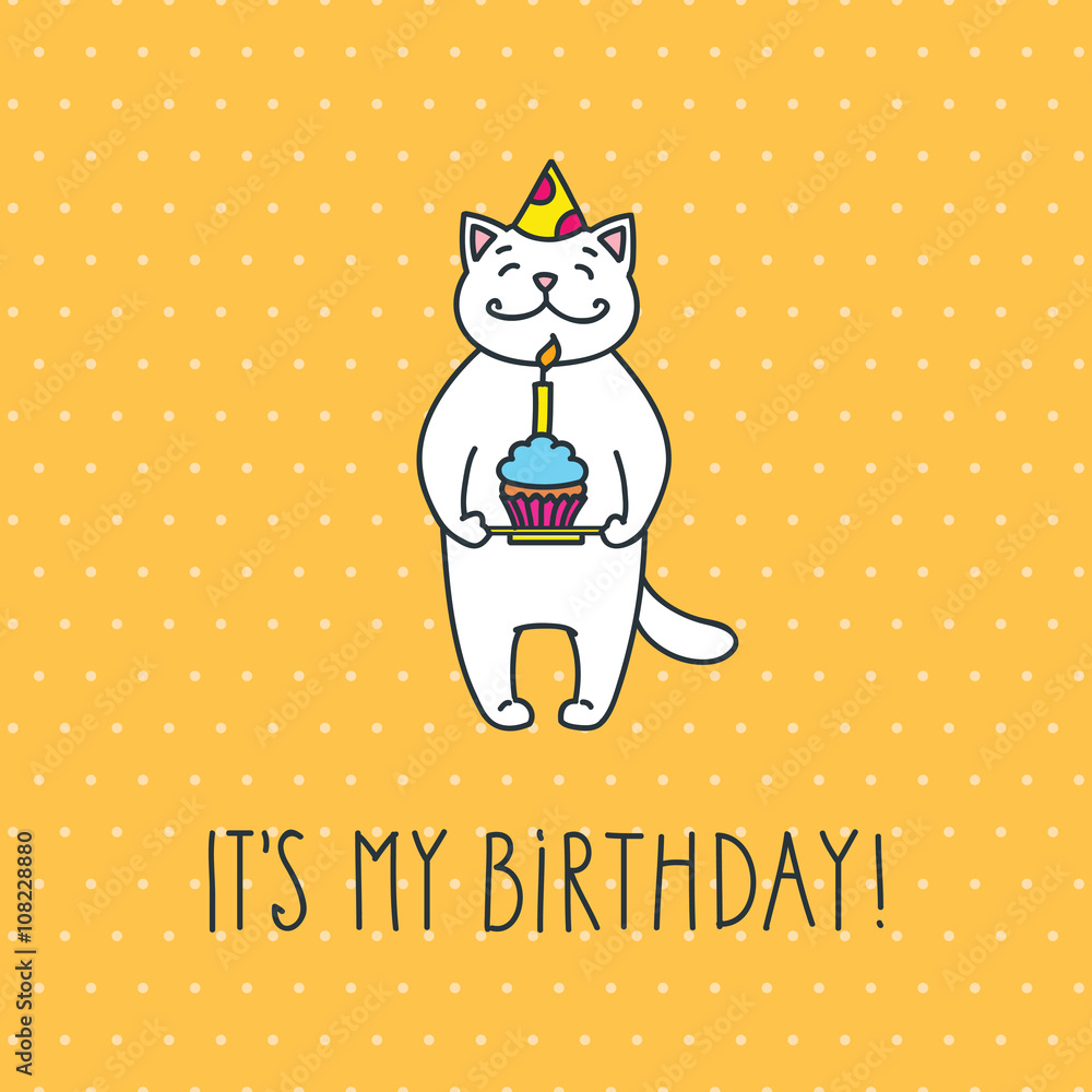 It's my birthday! Cute white cat with a cake and a birthday hat on ...