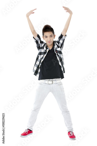 young guy raising his arms