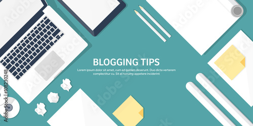 Vector illustration.  Flat laptop. Tell your story. Author. Blogging. Message.