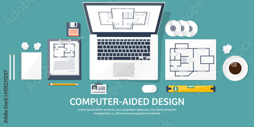 Vector illustration. Engineering and architecture. Notebook, computer . Drawing, construction.  Architectural project. Design, sketching. Workspace with tools. Planning, building. 