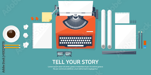 Vector illustration.  Flat typewriter. Tell your story. Author. Blogging.