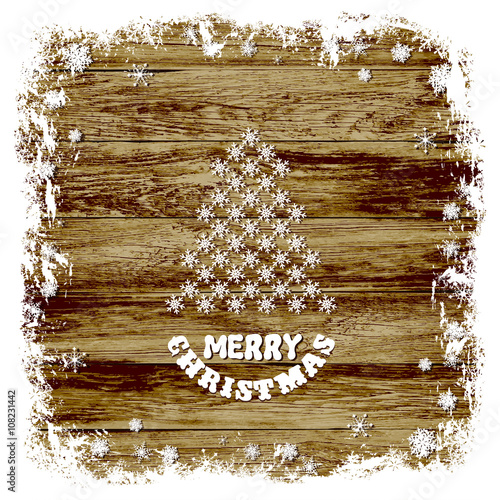       Christmas background snow frame, Christmas tree on a wooden background.vector illustration