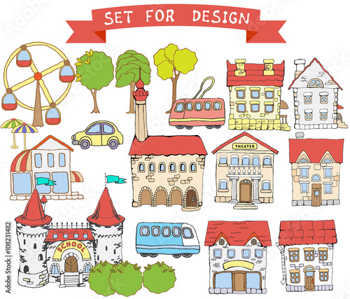 Set for design funny town. vector illustration