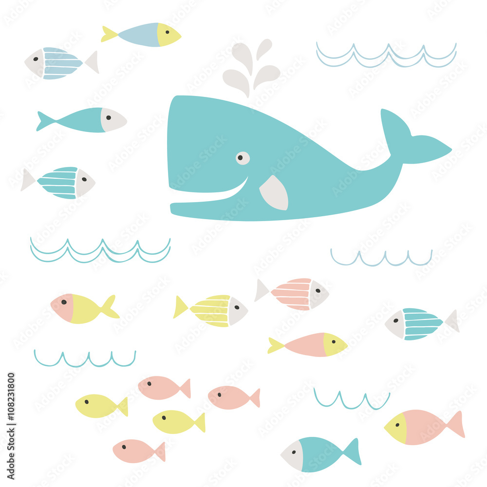 Naklejka premium Cute whale and fish clipart
