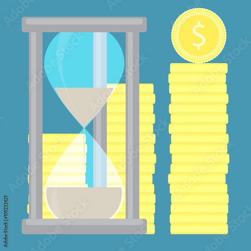 Time is money. Hourglass with coin golden stock