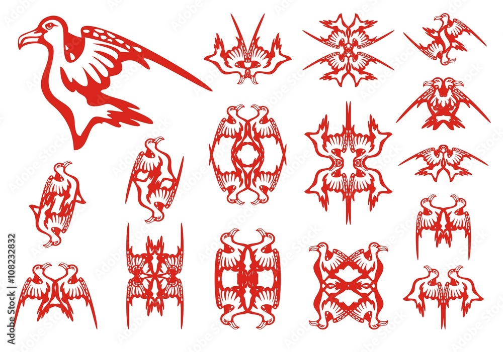 Fototapeta premium Tribal albatross set. Decorative patterns in the form of an albatross. Red on the white