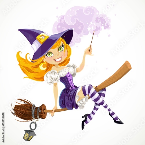 Cute redhead witch with magic wand flying on a broom isolated on