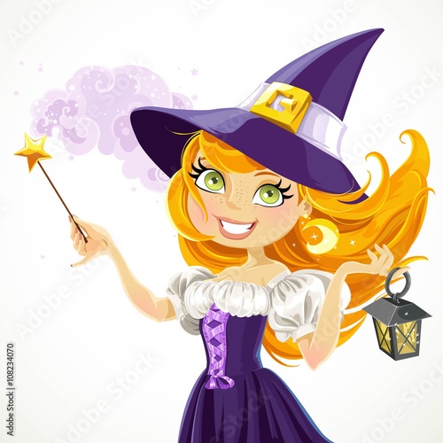 Cute young witch with magic wand and flashlight isolated on a wh