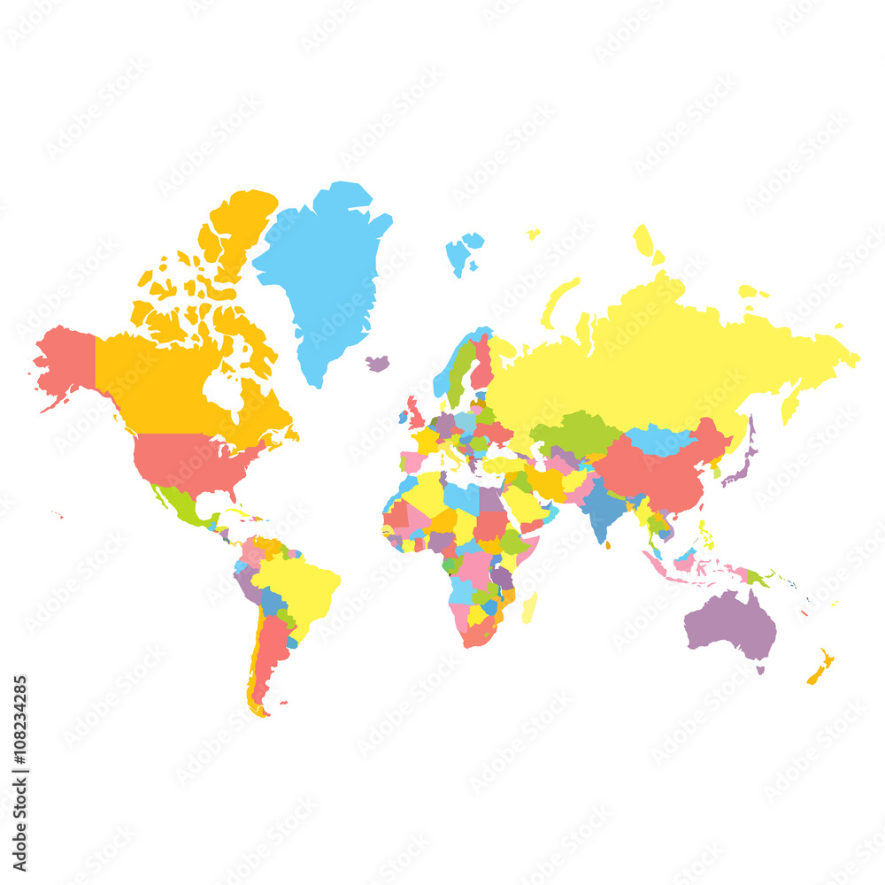Fototapeta premium Colorfull wektor polityczna mapa świata na białym tle. Każdy kraj pokolorowany na inny kolor. Płaska projekcja najemnika