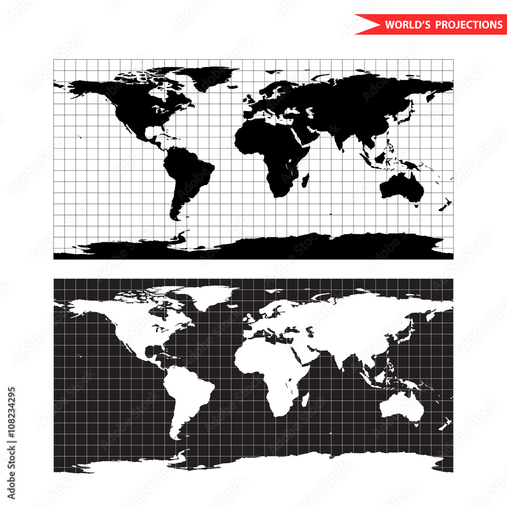 Equirectangular world map projection. Black and white world map vector illustration.