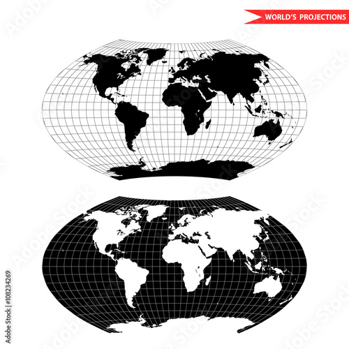 Aitoff world map projection. Black and white world map vector illustration.