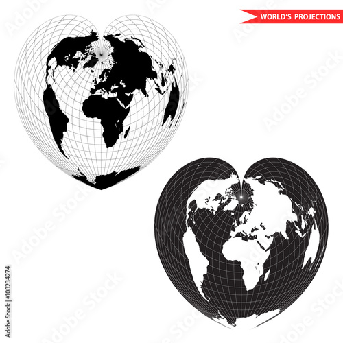 Black and white heart-shaped planet vector illustration. Bonne pseudoconical equal area world map projection. Heart shape world map.