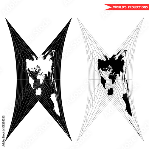 Cassini world map projection. Black and white world map vector illustration. photo