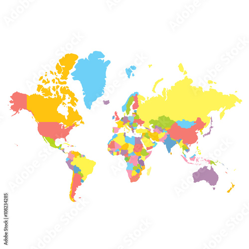 Colorfull vector political world map on white background. Each country colored in different color. Flat style mercator projection
