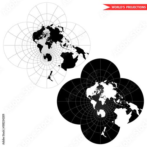 stereographic world map projection. Black and white world map vector illustration.