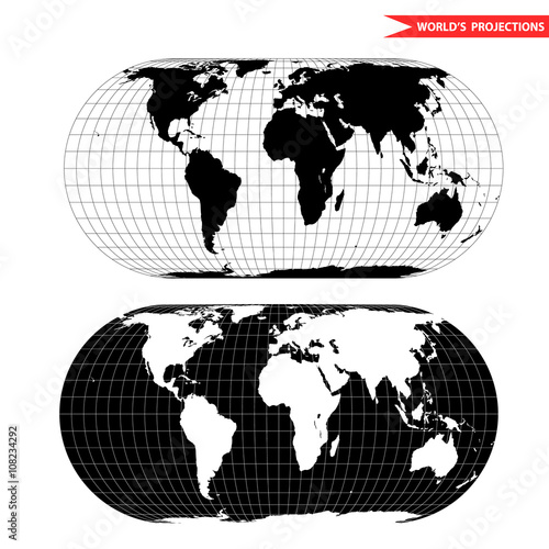 eckert world map projection. Black and white world map vector illustration.