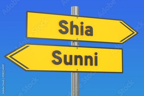 shia vs sunni concept on the signpost, 3D rendering