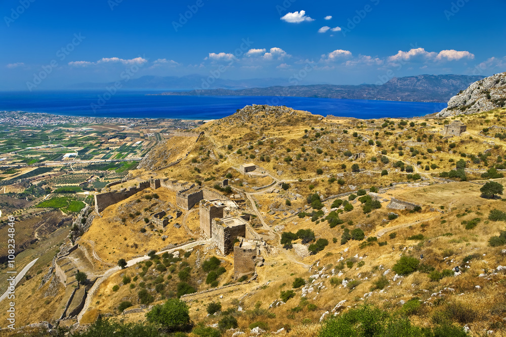 Greece. Aerial view of Acrocorinth (the acropolis of ancienth Corinth). There is the Corinthian Gulf in the background