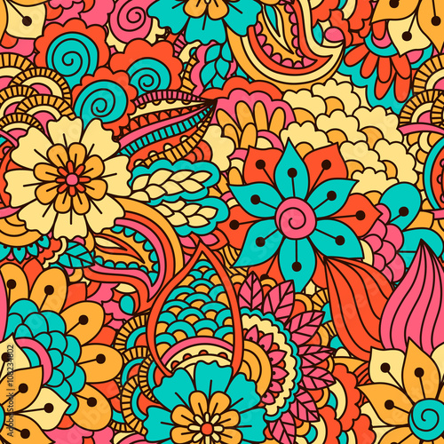 Hand drawn seamless pattern with floral elements. Colorful ethnic background. Pattern can be used for fabric  wallpaper or wrapping