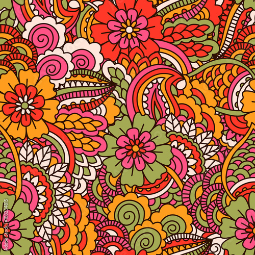 Hand drawn seamless pattern with floral elements. Colorful ethnic background. Pattern can be used for fabric  wallpaper or wrapping