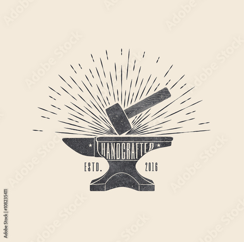 Handcrafted. Vintage styled vector illustration of the hammer and anvil