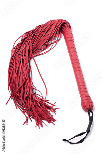 Red sex leather whip on white background