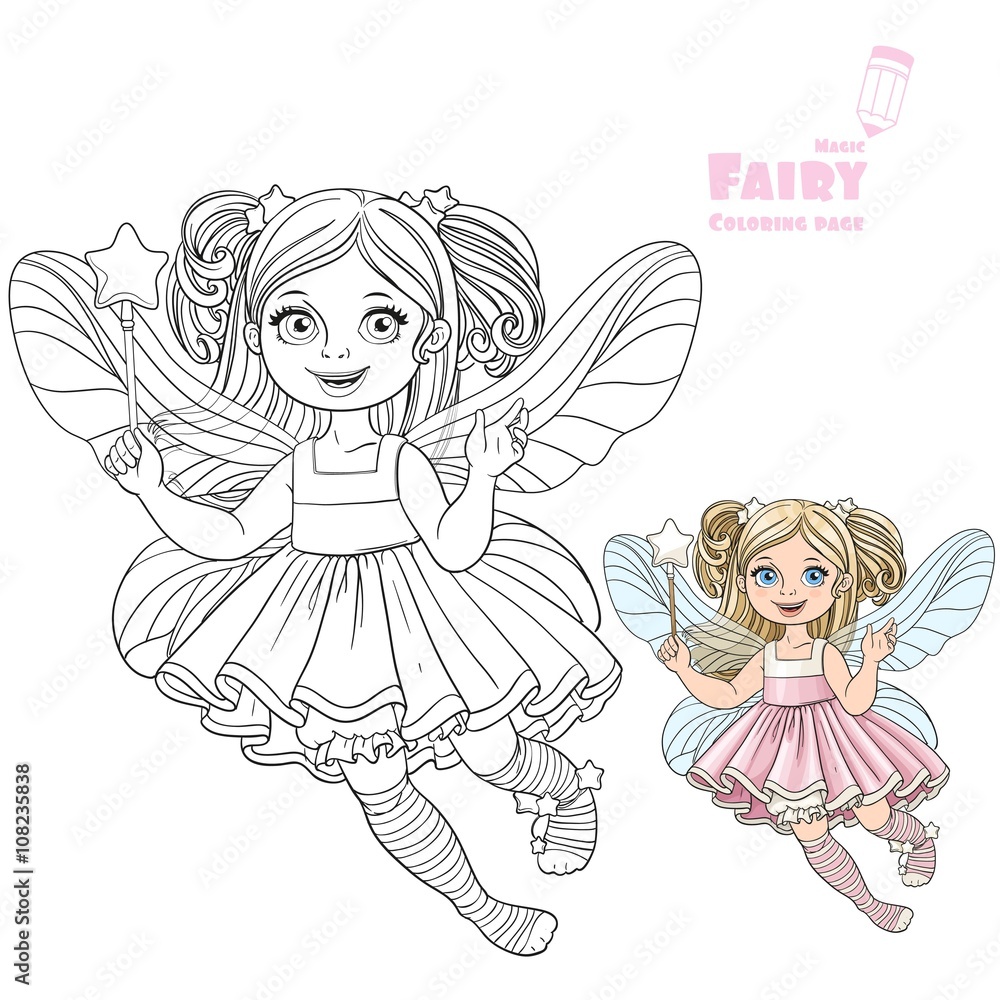 Cute little fairy girl with a Magic wand color and outlined pict Cute little fairy girl with a Magic wand color and outlined pict