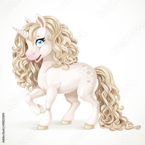 Cute fabulous white unicorn with golden mane isolated on a white