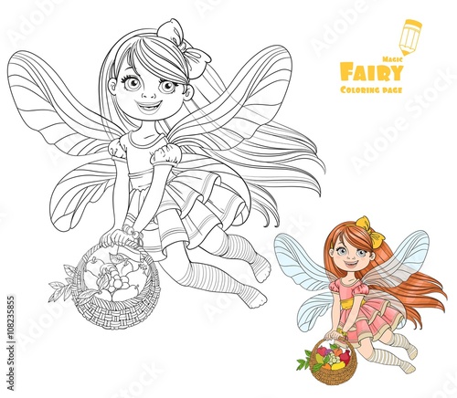 Cute little fairy girl with a round wicker basket filled fruit c