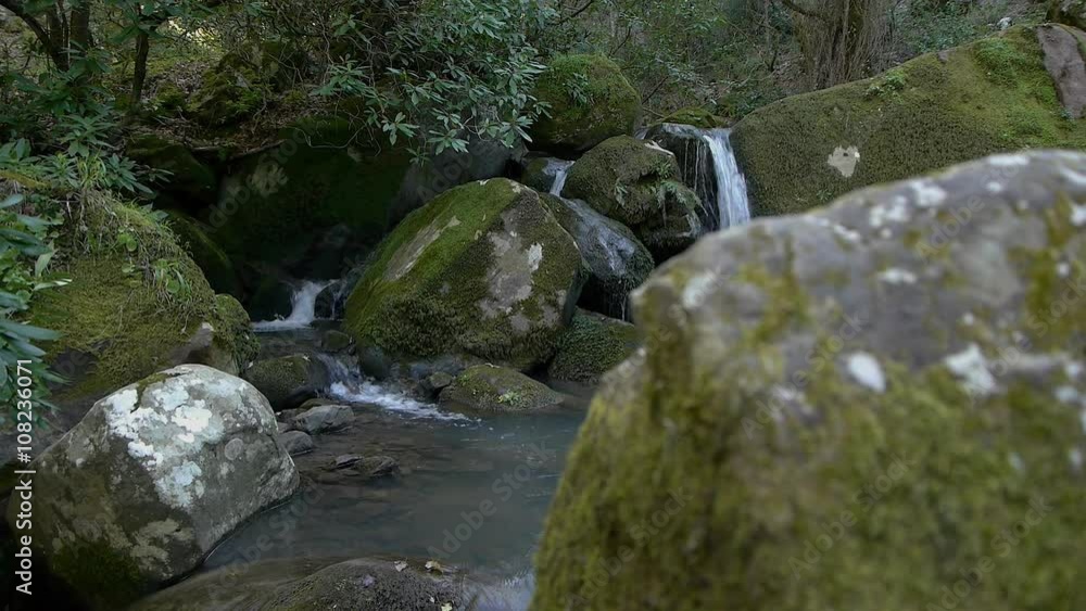 Panoramic traveling between rocks stream of fog Panoramic traveling between rocks stream of fog