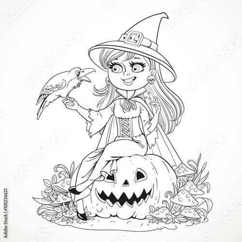 Beautiful witch sitting on a pumpkin and talks to the black rave