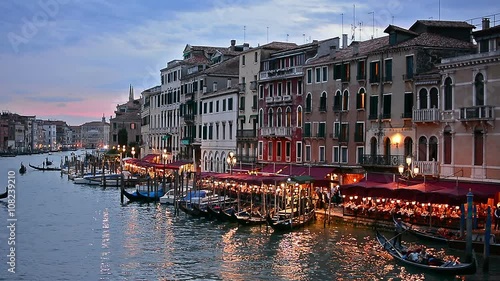 The famous grand canale as seen from Rialto Bridge at blue hour in Venice, Italy