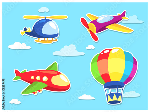 Air Transportation Cartoon Cartoon of helicopter, planes, and air balloon. © mikailain