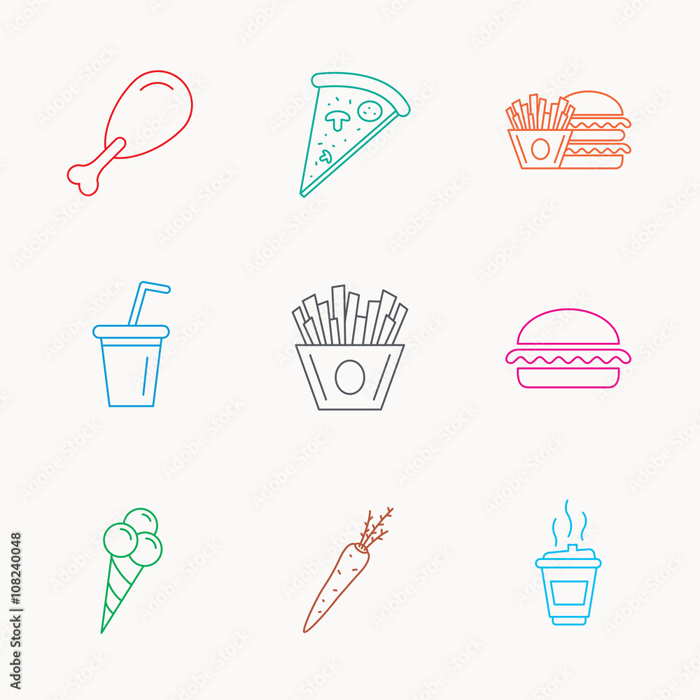Vegetarian burger, pizza and soft drink icons. Vegetarian burger, pizza and soft drink icons.