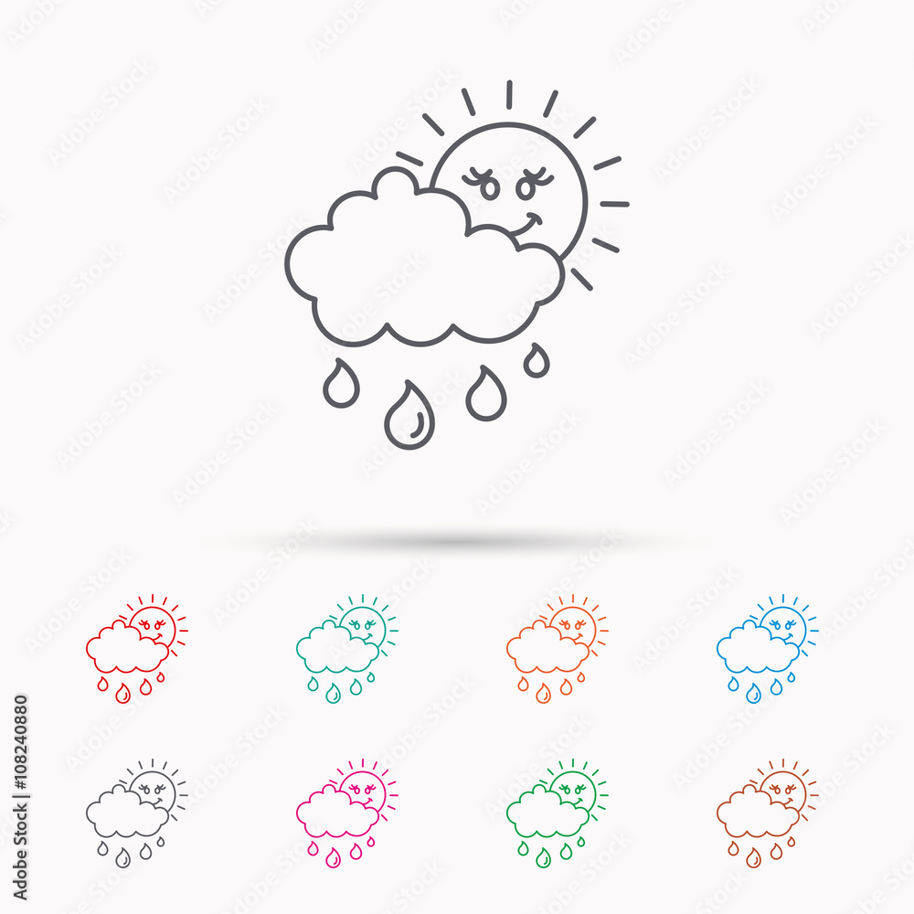 Rain and sun icon. Water drops with cloud sign.